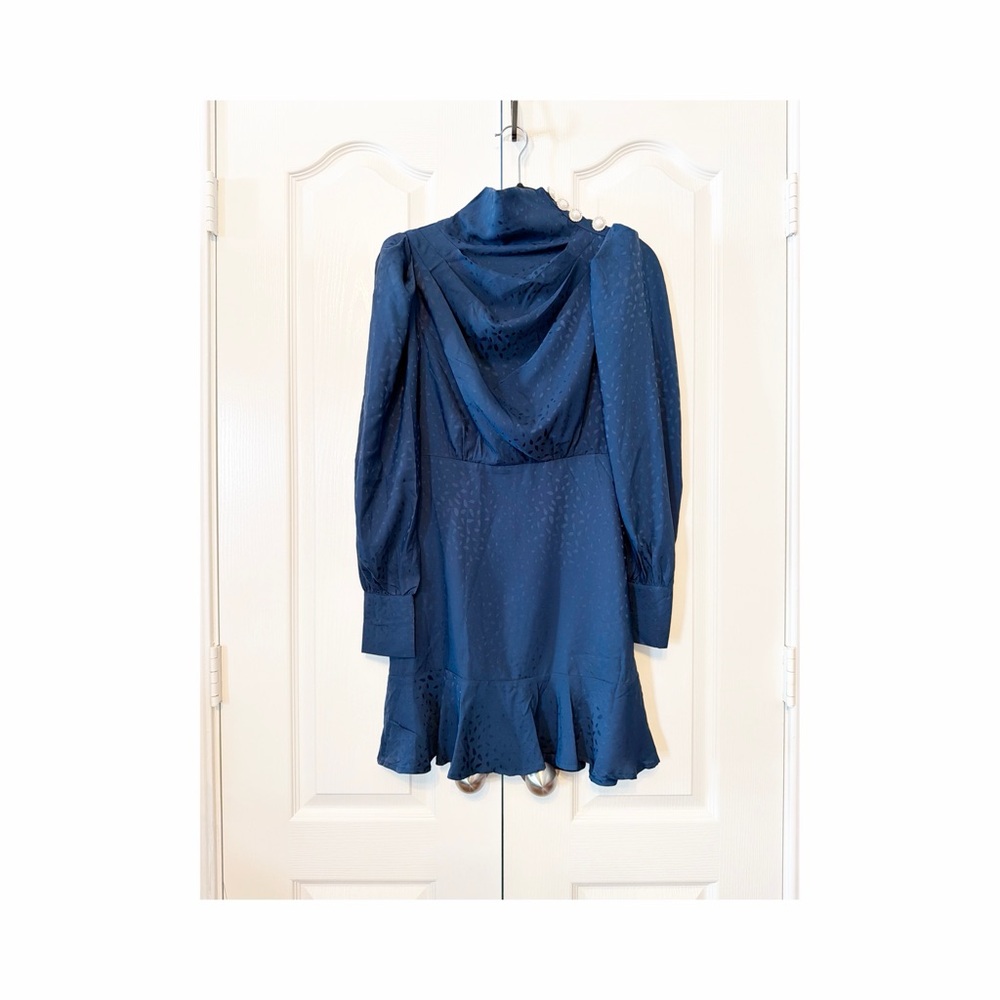 Aqua Button Shoulder Mock Neck Navy Textured Dress Size XS Navy Blue